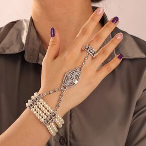 YERTTER Vintage 1920S Gatsby Flapper Pearl Bracelet Silver Rhinestone Finger Ring Link Bracelet Stretch Adjustable Hand Chain for Wedding Brides