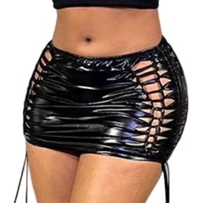 GRAEEN Women Metallic Mini Skirt Cut Out Ruched Skirt Side Tie Bodycon Skirt Costume Outfit Skirt Shiny Club Party Skirt