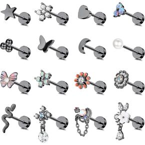 LOYALLOOK 16 قطعة 18 جرام أقراط الغضروف للنساء والرجال 316L الفولاذ المقاوم للصدأ أقراط هيبولرجينيك ثعبان القمر زهرة تشيكوسلوفاكيا المسمار أقراط مسطحة تتدلى محارة اللولب الزنمة ثقب المجوهرات in Kuwait