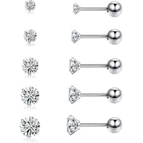 Sllaiss 5 Pairs Stainless Steel Earrings set，Cubic Zirconia Stud Earrings for Women Men Tiny Lab diamond Earrings Studs Helix Cartilage earrings
