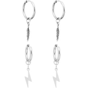 Lightning Feather Hoop Earrings For Men Women Silver Small Hoop Dangle Tassel Huggie Hypoallergenic Titanium Steel Anime Fun Men's Goth Cool Trendy Bts Dangly Kpop Earrings For Egirls Eboys