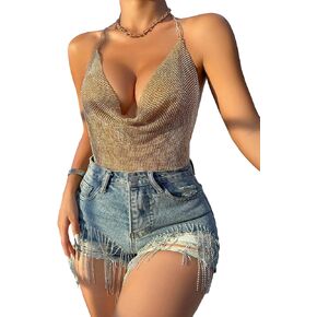 SweatyRocks Women's Metallic Sequins Halter Cami Top Draped Front Backless Party Tank Tops