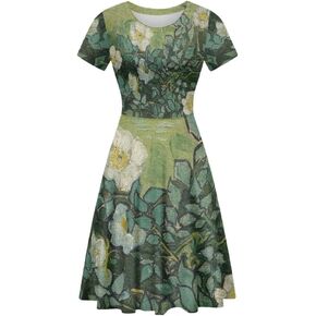 GLUDEAR Women's Summer Casual Van Gogh 3D Print Short Sleeve T-Shirt Swing Dress