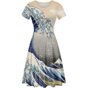 GLUDEAR Women's Summer Casual Van Gogh 3D Print Short Sleeve T-Shirt Swing Dress in Saudi Arabia
