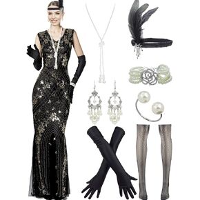 Women Evening Floral Bridesmaid 1920s Sequin Flapper Cocktail Mermaid Formal Gown Dress with 20s Gatsby Costume Set