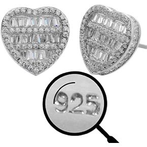 Real Solid 925 Sterling Silver - Heart Earrings - Iced CZ Large 1/2" Heart Shaped Earrings Screw Backs - Big Hip Hop Flooded Out Baguette Diamond