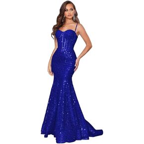 Mermaid Sequin Prom Dress Sparkly Spaghetti Straps Ball Gown Satin Formal Evening Dresses Pleated