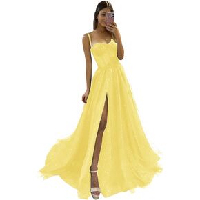 Spaghetti Straps Sparkly Prom Dresses Long Glitter Tulle Sweetheart Formal Evening Dress with Slit