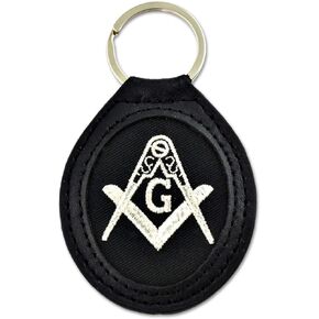 Embroidered Leather Square & Compass Masonic Key Chain - [Black & Silver][3 5/8'' Tall]