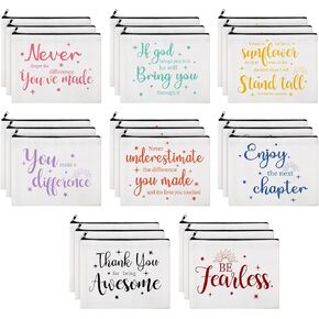 Kajaia 24 Pieces Inspirational Canvas Cosmetic Bags Makeup Bags with Zippers Appreciation Motivational Toiletry Purse Pouches Positive Travel Makeup Pouches for Girl Women Friends, 8 Designs (Bright)