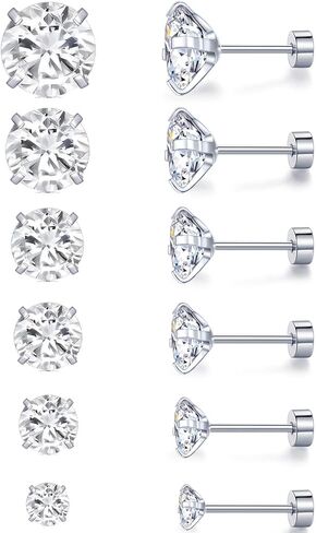 Pack of Screw Back Earrings Surgical Stainless Steel Simulated Diamond Flat Back Stud 316L Cubic Zirconia Hypoallergenic for Sensitive Ear for Women Men Piercing Post in Kuwait