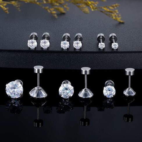 Pack of Screw Back Earrings Surgical Stainless Steel Simulated Diamond Flat Back Stud 316L Cubic Zirconia Hypoallergenic for Sensitive Ear for Women Men Piercing Post in Kuwait