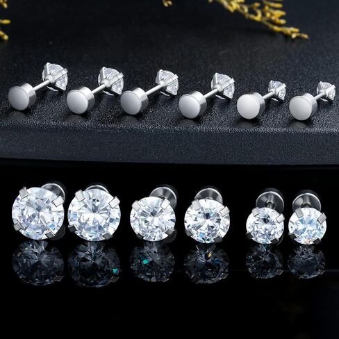 Pack of Screw Back Earrings Surgical Stainless Steel Simulated Diamond Flat Back Stud 316L Cubic Zirconia Hypoallergenic for Sensitive Ear for Women Men Piercing Post in Kuwait