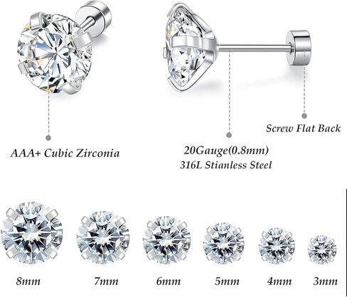 Pack of Screw Back Earrings Surgical Stainless Steel Simulated Diamond Flat Back Stud 316L Cubic Zirconia Hypoallergenic for Sensitive Ear for Women Men Piercing Post in Kuwait