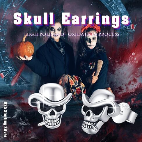اقراط مرصعة على شكل جمجمة للنساء والفتيات من الفضة الاسترلينية عيار 925 بتصميم هيكل عظمي عتيق، هدايا مجوهرات كاوبوي بانك ريترو للرجال والاولاد، معدن فضي, معدن, فضي in Kuwait