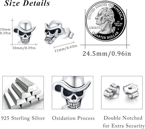 اقراط مرصعة على شكل جمجمة للنساء والفتيات من الفضة الاسترلينية عيار 925 بتصميم هيكل عظمي عتيق، هدايا مجوهرات كاوبوي بانك ريترو للرجال والاولاد، معدن فضي, معدن, فضي in Kuwait