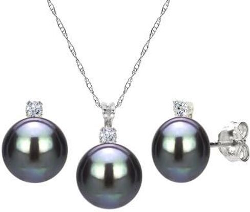 Amazon Collection Sterling Silver Cubic Zirconia 7-8mm Freshwater Cultured Pearl Stud Earrings and Pendant Necklace Jewelry Set in Saudi Arabia