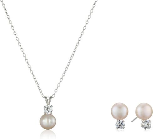 Amazon Collection Sterling Silver Cubic Zirconia 7-8mm Freshwater Cultured Pearl Stud Earrings and Pendant Necklace Jewelry Set in Saudi Arabia