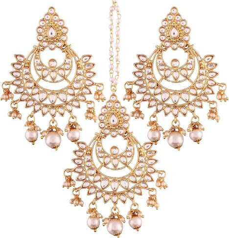 I Jewels Gold Plated Kundan & Pearl Earring Set with Maang Tikka for Women in Saudi Arabia