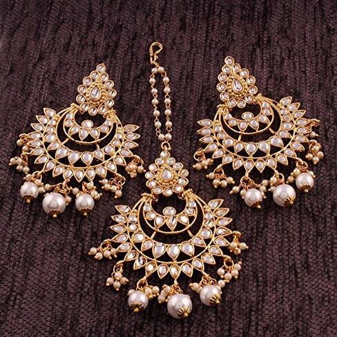 I Jewels Gold Plated Kundan & Pearl Earring Set with Maang Tikka for Women in Saudi Arabia