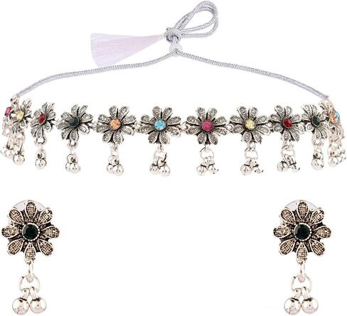 Efulgenz Indian Oxidized Jewelry for Navratri Choker Oxidized Indian Neckalce Set for Women Antique Boho Faux Pearl Crystal Stone Floral Pattern Necklace with Drop Earrings Oxidized Indian Jewelry Bohemian Necklace Earrings Set Statement Jewelry in Saudi Arabia