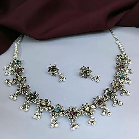 Efulgenz Indian Oxidized Jewelry for Navratri Choker Oxidized Indian Neckalce Set for Women Antique Boho Faux Pearl Crystal Stone Floral Pattern Necklace with Drop Earrings Oxidized Indian Jewelry Bohemian Necklace Earrings Set Statement Jewelry in Saudi Arabia