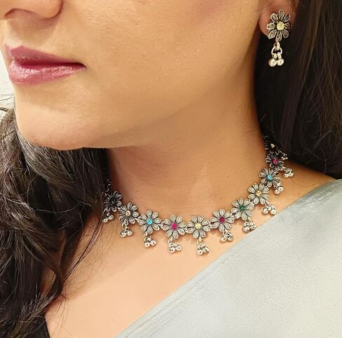 Efulgenz Indian Oxidized Jewelry for Navratri Choker Oxidized Indian Neckalce Set for Women Antique Boho Faux Pearl Crystal Stone Floral Pattern Necklace with Drop Earrings Oxidized Indian Jewelry Bohemian Necklace Earrings Set Statement Jewelry in Saudi Arabia