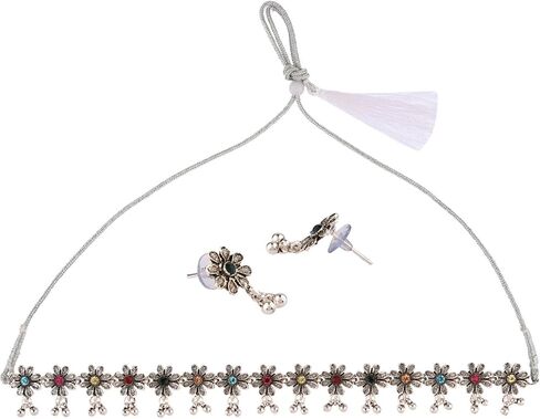 Efulgenz Indian Oxidized Jewelry for Navratri Choker Oxidized Indian Neckalce Set for Women Antique Boho Faux Pearl Crystal Stone Floral Pattern Necklace with Drop Earrings Oxidized Indian Jewelry Bohemian Necklace Earrings Set Statement Jewelry in Saudi Arabia