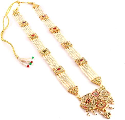 Jewar Necklace Layered Onyx Crystal Beads Gold Plated Pearl Polki Ad Cz Multi Stones Gold Tone Meena Work With Matching Earrings Long Jewelry Set For Women And Girls in Saudi Arabia