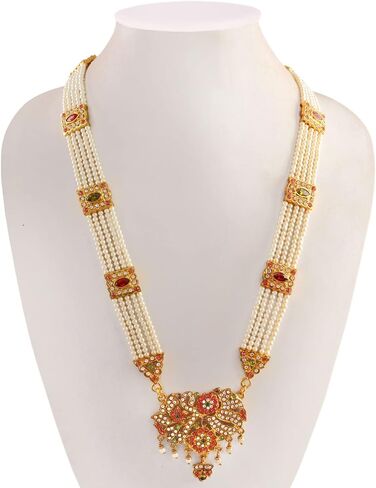Jewar Necklace Layered Onyx Crystal Beads Gold Plated Pearl Polki Ad Cz Multi Stones Gold Tone Meena Work With Matching Earrings Long Jewelry Set For Women And Girls in Saudi Arabia