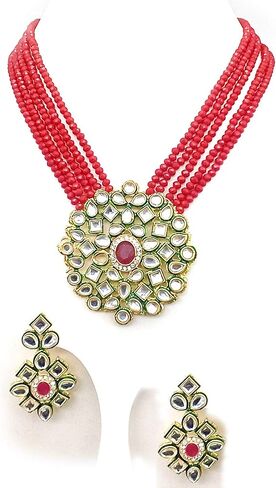 Jewar Necklace Layered Onyx Crystal Beads Gold Plated Pearl Polki Ad Cz Multi Stones Gold Tone Meena Work With Matching Earrings Long Jewelry Set For Women And Girls in Saudi Arabia