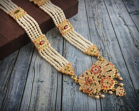 Jewar Necklace Layered Onyx Crystal Beads Gold Plated Pearl Polki Ad Cz Multi Stones Gold Tone Meena Work With Matching Earrings Long Jewelry Set For Women And Girls in Saudi Arabia