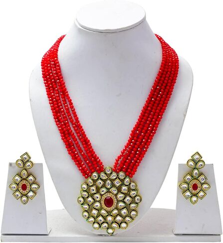 Jewar Necklace Layered Onyx Crystal Beads Gold Plated Pearl Polki Ad Cz Multi Stones Gold Tone Meena Work With Matching Earrings Long Jewelry Set For Women And Girls in Saudi Arabia