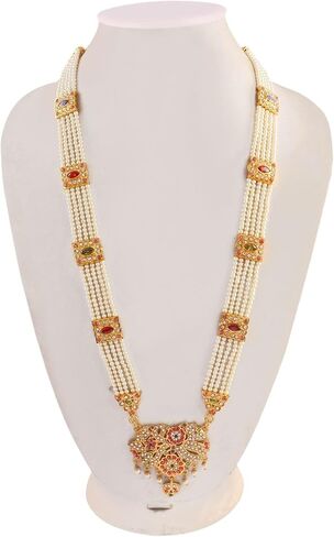 Jewar Necklace Layered Onyx Crystal Beads Gold Plated Pearl Polki Ad Cz Multi Stones Gold Tone Meena Work With Matching Earrings Long Jewelry Set For Women And Girls in Saudi Arabia