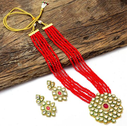 Jewar Necklace Layered Onyx Crystal Beads Gold Plated Pearl Polki Ad Cz Multi Stones Gold Tone Meena Work With Matching Earrings Long Jewelry Set For Women And Girls in Saudi Arabia