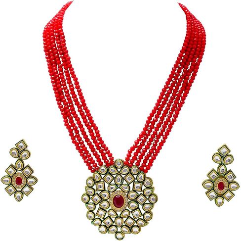 Jewar Necklace Layered Onyx Crystal Beads Gold Plated Pearl Polki Ad Cz Multi Stones Gold Tone Meena Work With Matching Earrings Long Jewelry Set For Women And Girls in Saudi Arabia