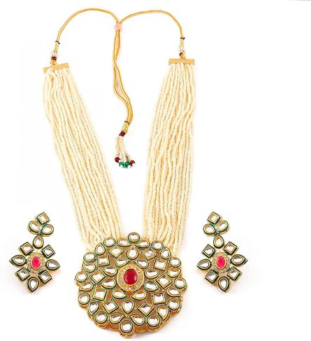Jewar Necklace Layered Onyx Crystal Beads Gold Plated Pearl Polki Ad Cz Multi Stones Gold Tone Meena Work With Matching Earrings Long Jewelry Set For Women And Girls in Saudi Arabia