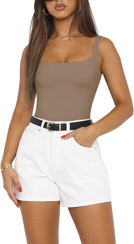 REORIA Women's Sexy Square Neck Sleeveless Backless Double Lined Seamless Going Out Tank Bodysuits Tops in Saudi Arabia