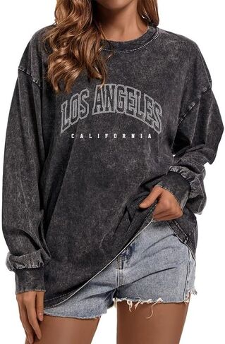 Los Angeles Brooklyn Letter Graphic Shirts Oversized Vintage Tshirt for Women Trendy Long Sleeve Pullover Tees Tops in Kuwait
