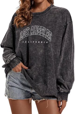 Los Angeles Brooklyn Letter Graphic Shirts Oversized Vintage Tshirt for Women Trendy Long Sleeve Pullover Tees Tops in Kuwait