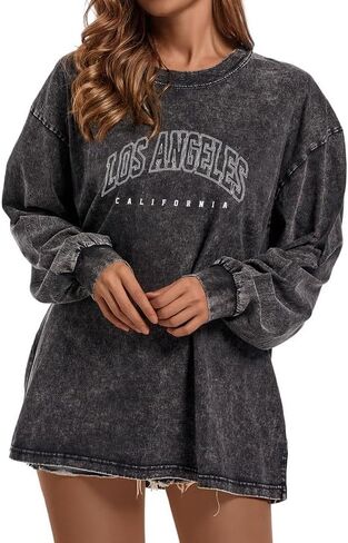Los Angeles Brooklyn Letter Graphic Shirts Oversized Vintage Tshirt for Women Trendy Long Sleeve Pullover Tees Tops in Kuwait