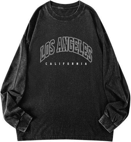 Los Angeles Brooklyn Letter Graphic Shirts Oversized Vintage Tshirt for Women Trendy Long Sleeve Pullover Tees Tops in Kuwait