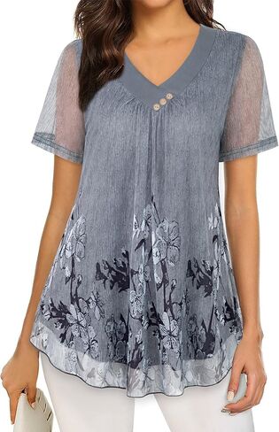 بلوزات نسائية بأكمام قصيرة، قميص تونيك صيفي أنيق وقميص شبكي مطبوع عليه زهور in Kuwait