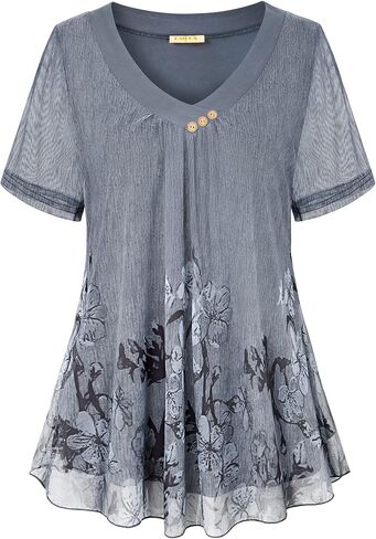 بلوزات نسائية بأكمام قصيرة، قميص تونيك صيفي أنيق وقميص شبكي مطبوع عليه زهور in Kuwait