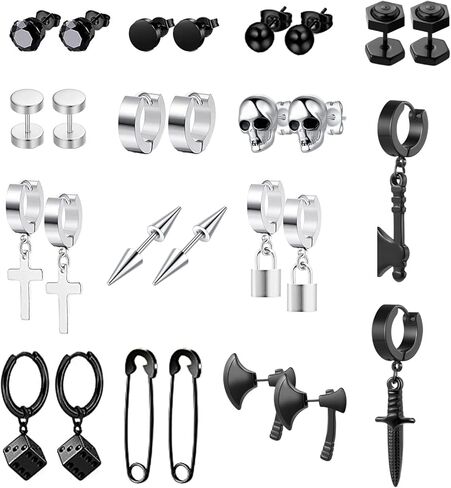 14 زوجًا من الأقراط السوداء للرجال أقراط هوجي هوب طقم من الحلقان للجنسين أقراط متدلية على شكل جمجمة فأس الشرير in Kuwait