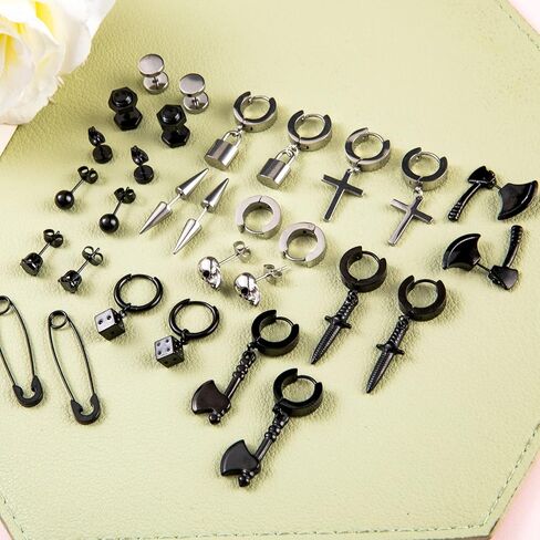 14 زوجًا من الأقراط السوداء للرجال أقراط هوجي هوب طقم من الحلقان للجنسين أقراط متدلية على شكل جمجمة فأس الشرير in Kuwait