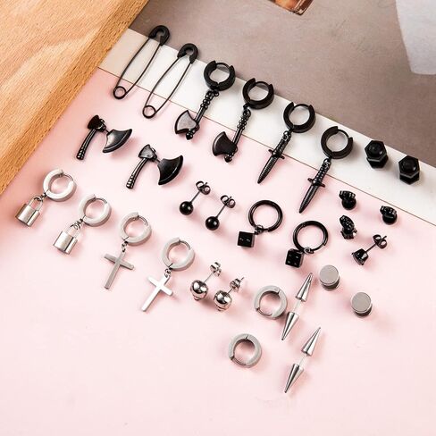 14 زوجًا من الأقراط السوداء للرجال أقراط هوجي هوب طقم من الحلقان للجنسين أقراط متدلية على شكل جمجمة فأس الشرير in Kuwait