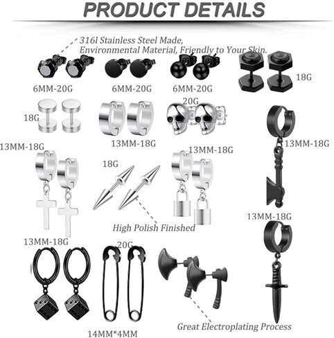 14 زوجًا من الأقراط السوداء للرجال أقراط هوجي هوب طقم من الحلقان للجنسين أقراط متدلية على شكل جمجمة فأس الشرير in Kuwait