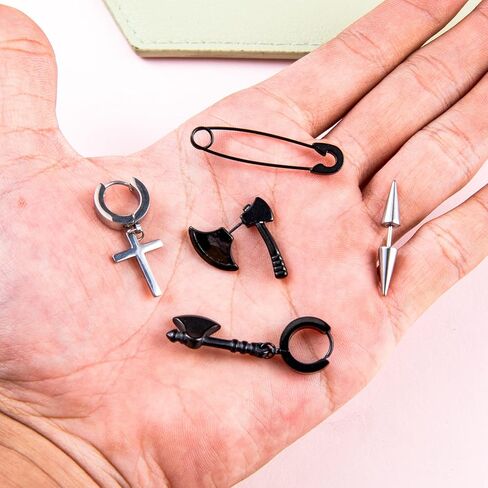 14 زوجًا من الأقراط السوداء للرجال أقراط هوجي هوب طقم من الحلقان للجنسين أقراط متدلية على شكل جمجمة فأس الشرير in Kuwait