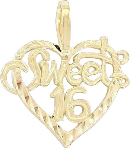 14K Gold Sweet 16 Heart Charm Diamond-Cut Jewelry 16mm in Saudi Arabia